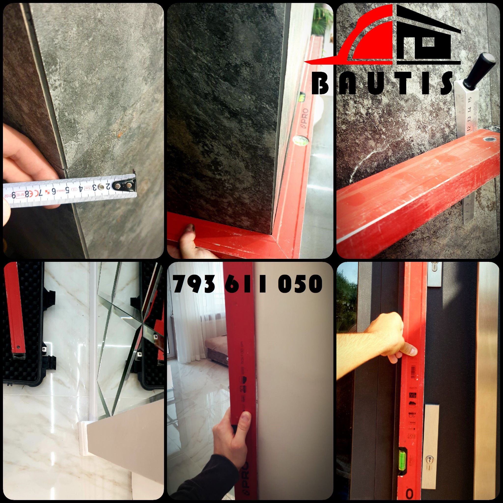 Montaż płytek ceramicznych i pomiary poziomicą oraz miarką, detale wykończeniowe, logo firmy BAUTIS, numer telefonu kontaktowego.