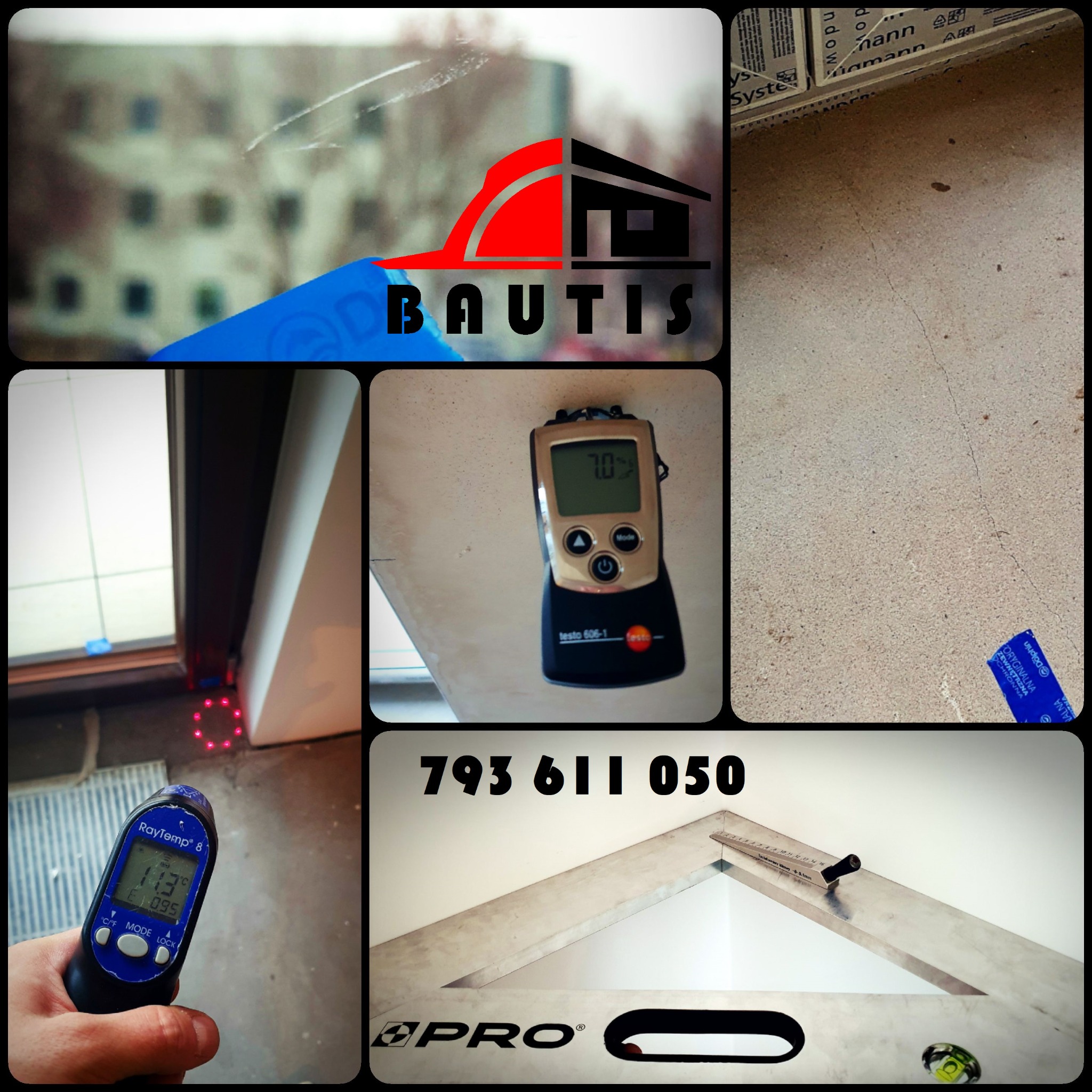 Kolaż zdjęć z budowy: logo firmy, pomiar wilgotności, temperatura powierzchni, poziomica kątowa, okno w trakcie montażu.