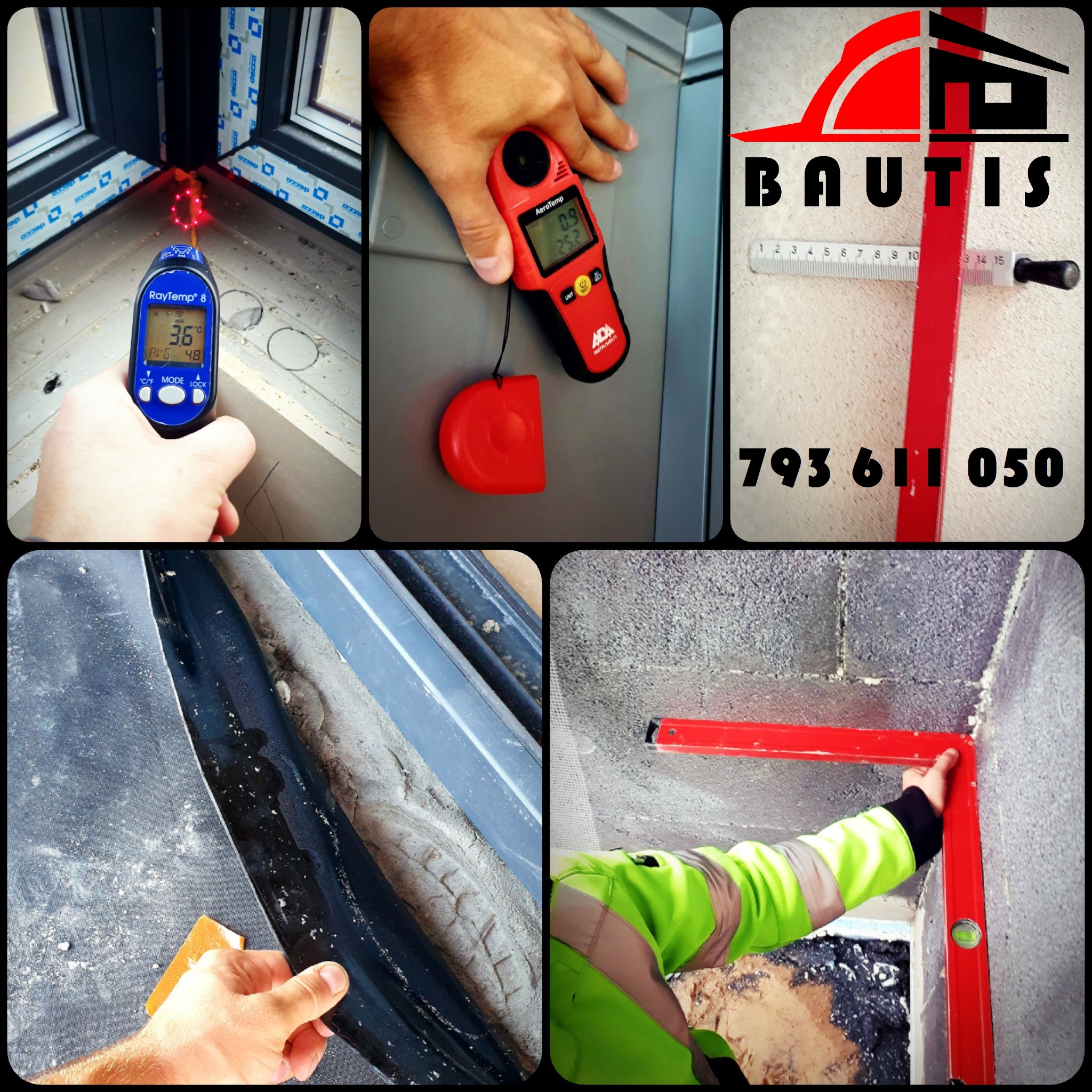 Zestawienie zdjęć z budowy: pomiar temperatury okna termometrem laserowym, pomiar wilgotności, logo firmy budowlanej z numerem telefonu, czyszczenie ramy okiennej przed montażem, poziomowanie...