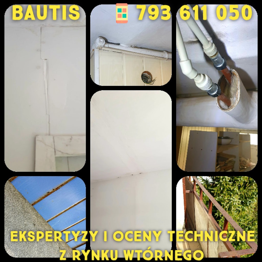 Zestawienie zdjęć przedstawiających różne usterki budowlane, takie jak pęknięcia ścian, zacieki na suficie, skorodowane elementy konstrukcyjne i instalacje, z tekstem 'Ekspertyzy i oceny techniczne...