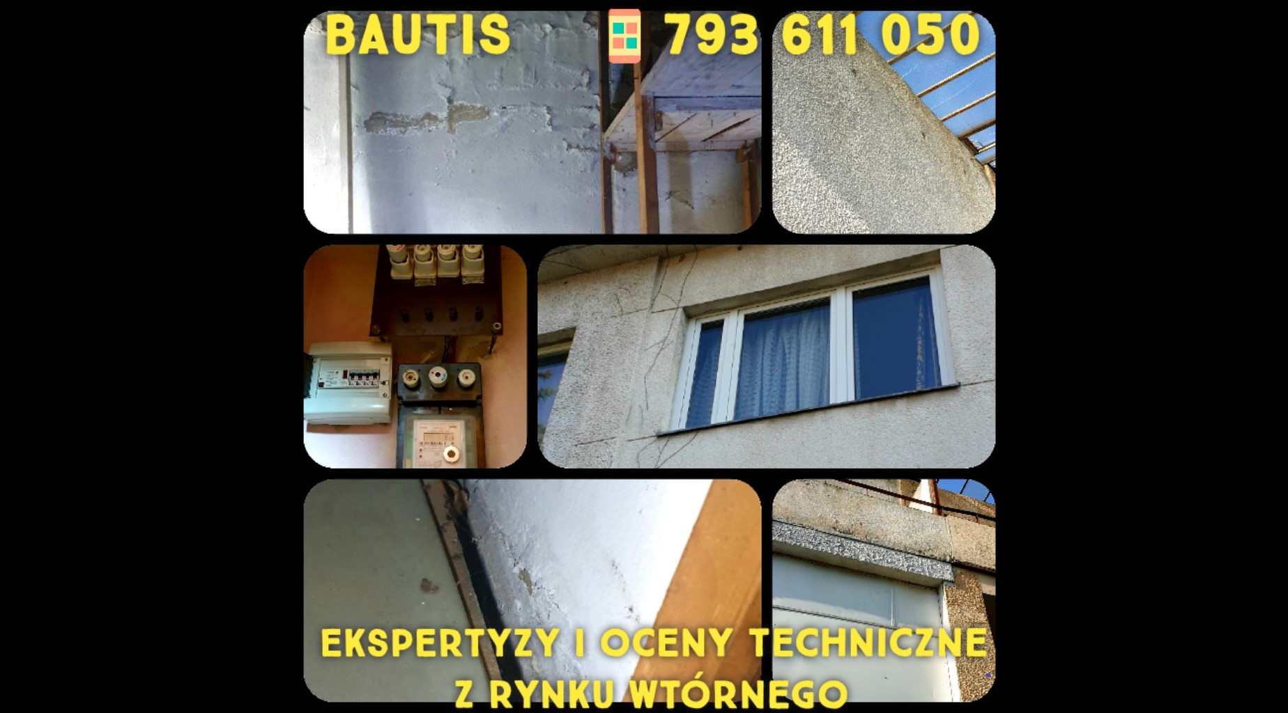 Zestaw zdjęć przedstawiających uszkodzenia budynku: odspojona farba na ścianie, pęknięcia elewacji, stara instalacja elektryczna i zawilgocenia, z tekstem 'Ekspertyzy i oceny techniczne z rynku...