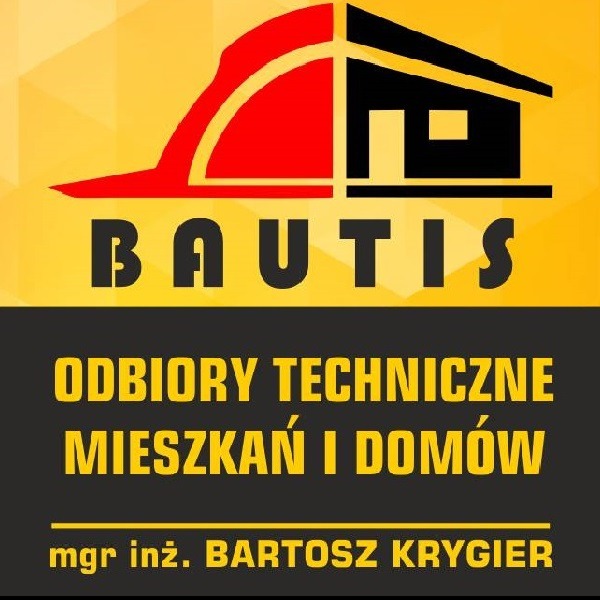 Logo firmy BAUTIS oferującej odbiory techniczne mieszkań i domów, z graficznym symbolem domu w kolorach czerwonym i czarnym, oraz danymi kontaktowymi mgr inż. Bartosza Krygiera.