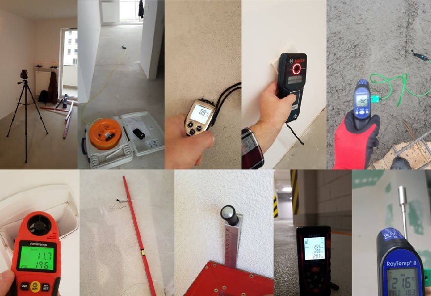 Zestawienie pomiarów budowlanych: wilgotnościomierz, anemometr, dalmierz laserowy, poziomica laserowa, termometr do gruntu i inne narzędzia pomiarowe używane podczas prac budowlanych...