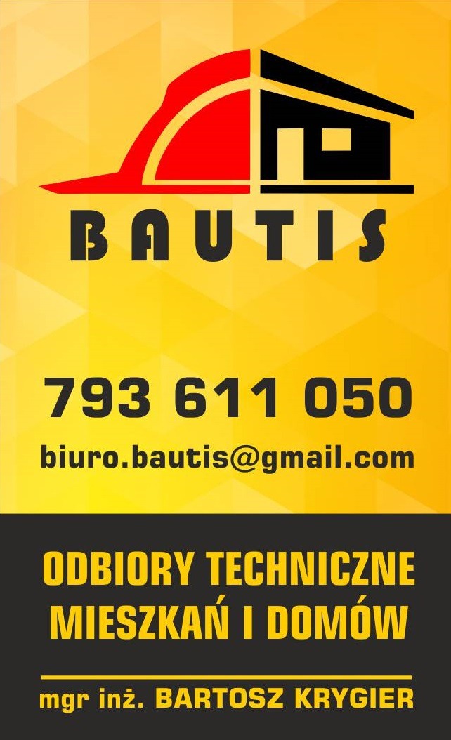 Logo firmy BAUTIS oferującej odbiory techniczne mieszkań i domów, z numerem telefonu i adresem e-mail na żółto-czarnym tle.