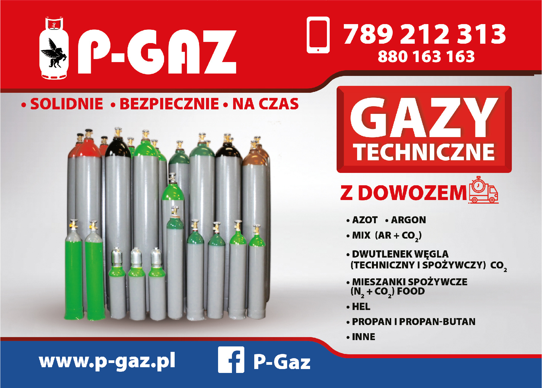Reklama firmy P-GAZ z licznymi butlami gazowymi w różnych kolorach i rozmiarach, oferującej gazy techniczne z dowozem, z widocznym logo firmy i danymi kontaktowymi.