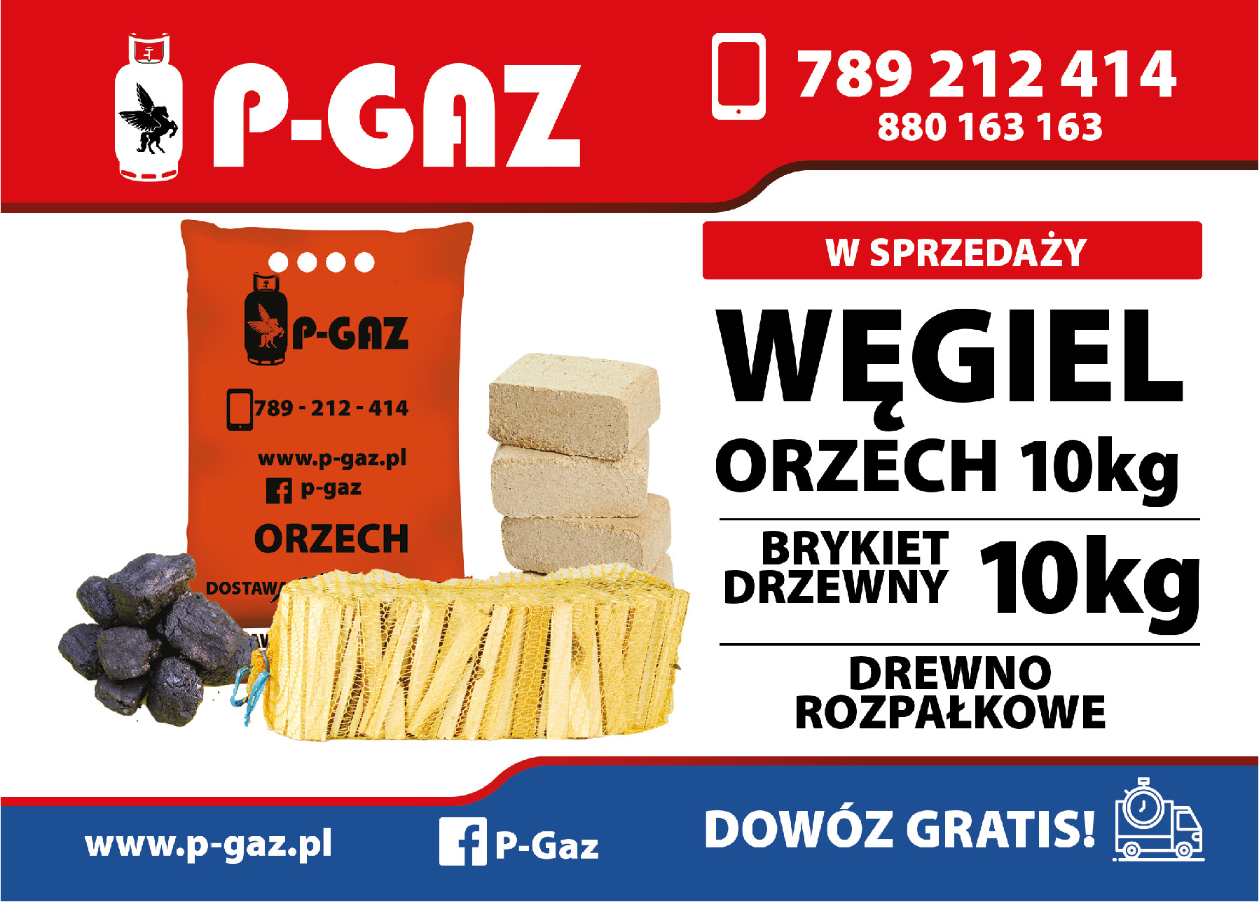 Reklama firmy P-Gaz prezentująca ofertę: węgiel orzech, brykiet drzewny i drewno rozpałkowe. Widoczny worek z węglem orzech, ułożone brykiety drzewne oraz drewno rozpałkowe w siatce.
