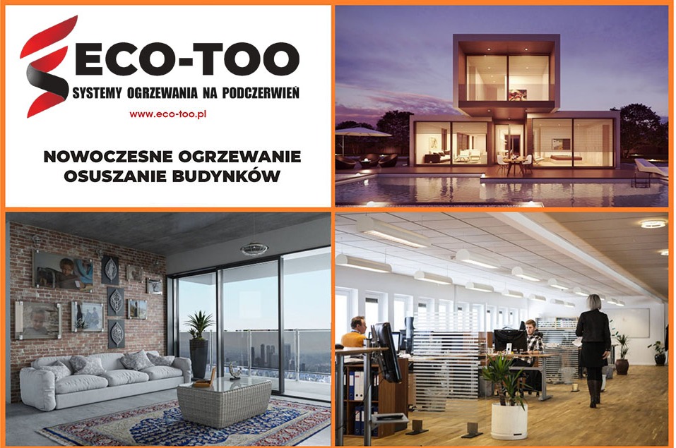 Kolaż czterech zdjęć: logo firmy Eco-Too z tekstem o systemach ogrzewania na podczerwień, nowoczesny dom z basenem o zmierzchu, loftowe mieszkanie z ceglaną ścianą i dużym oknem, biuro...