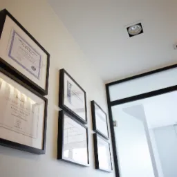 Ściana w jasnym wnętrzu z powieszonymi w ramkach certyfikatami i dyplomami, widoczny fragment drzwi z czarną ramą i tabliczka informacyjna 'Pracownia Rentgenow'.