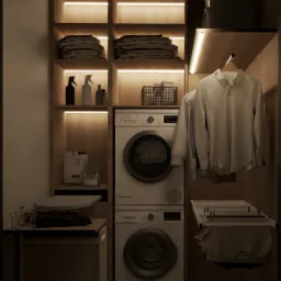 Wnętrze pralni z pralko-suszarką w zabudowie, półki z oświetleniem LED, kosz na bieliznę, deska do prasowania i suszarka na ubrania.