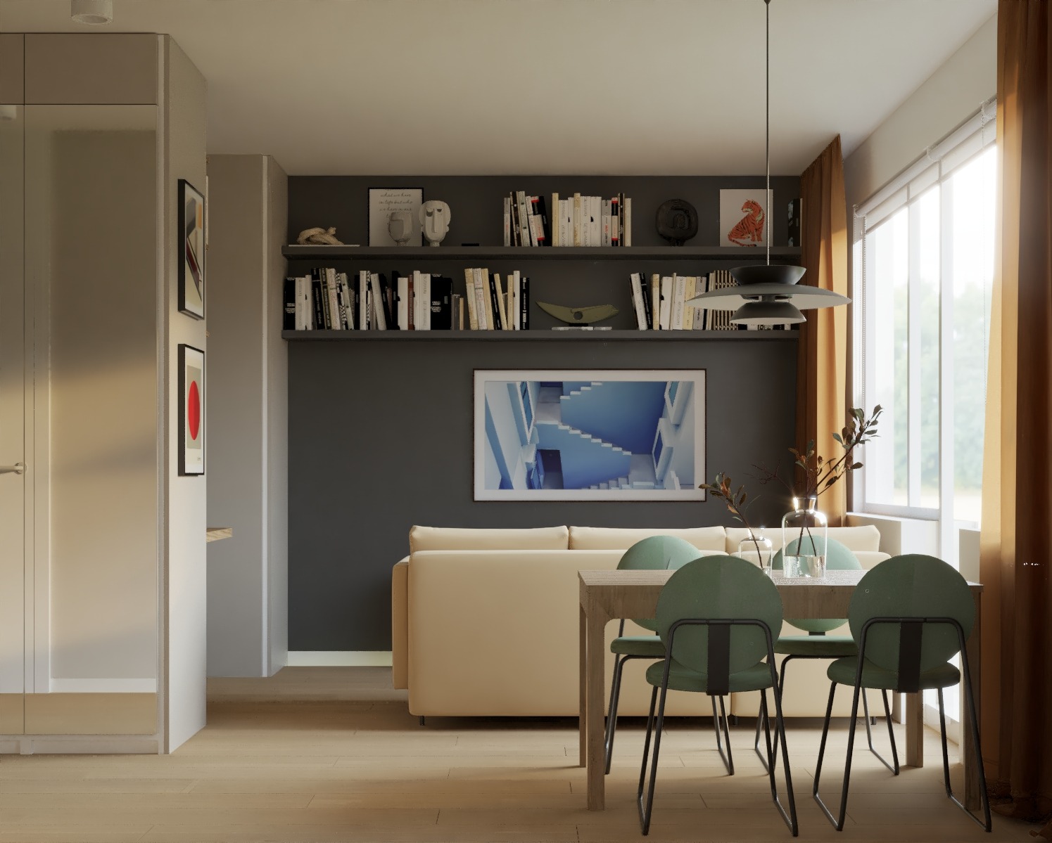 Wnętrze jadalni w Poznaniu z minimalistycznym stołem i zielonymi krzesłami na tle półki z książkami i beżowej sofy, oświetlone nowoczesną lampą wiszącą.