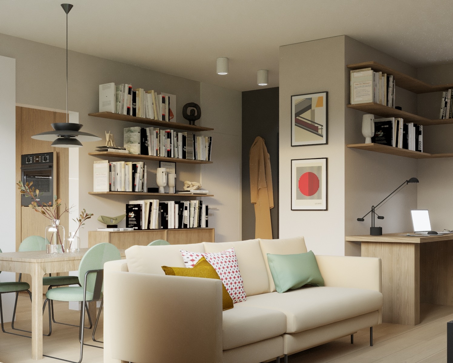 Jasne wnętrze mieszkania z sofą, stołem z krzesłami i regałami z książkami, oświetlone nowoczesną lampą wiszącą i lampką biurkową, dekorowane obrazami na ścianie.