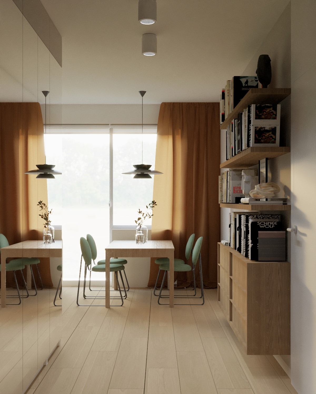 Jasne wnętrze jadalni z drewnianą podłogą, stołem i krzesłami w kolorze zielonym, oświetlone wiszącymi lampami i światłem dziennym, z półkami na książki przy ścianie i zasłonami w odcieniach brązu.