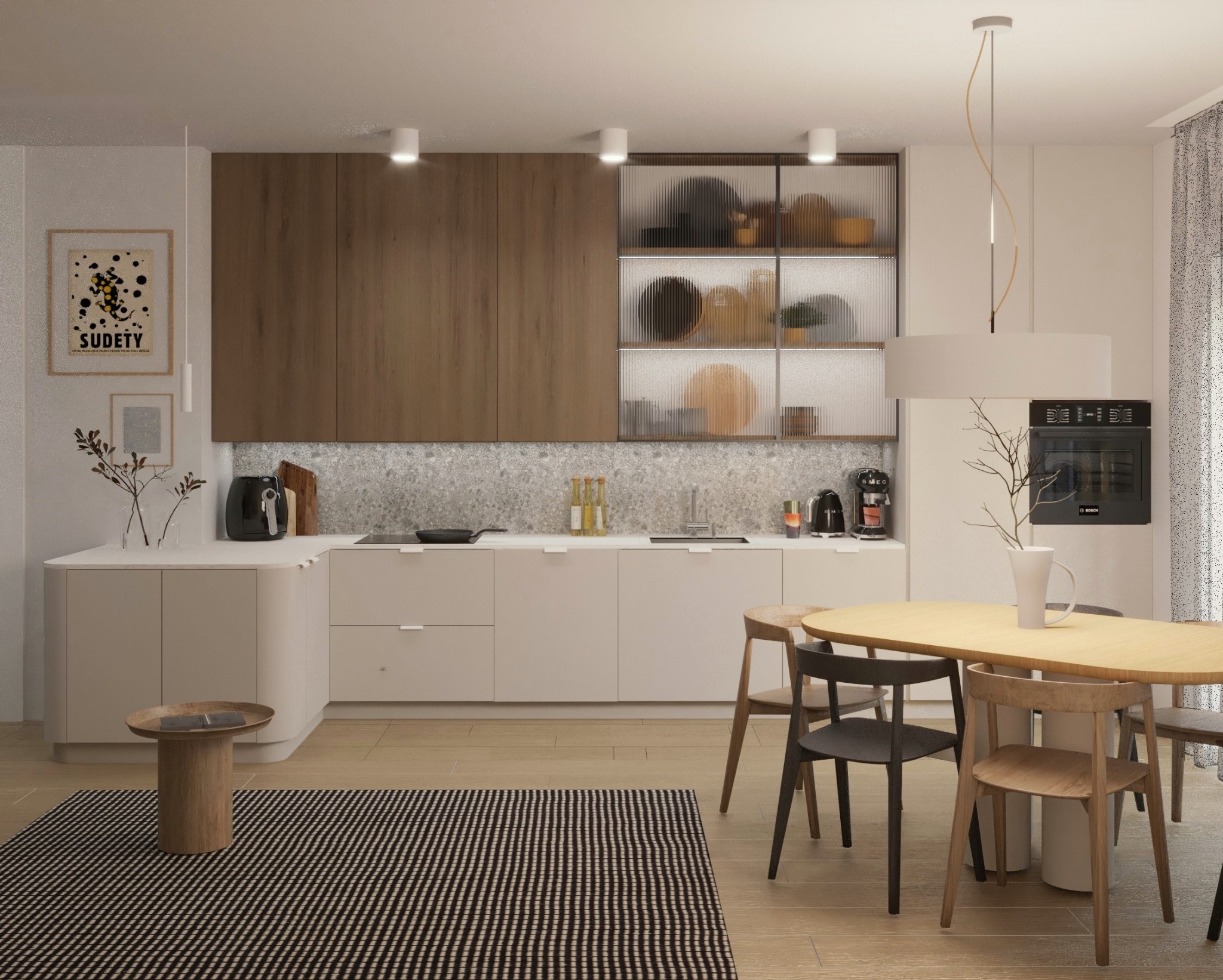 Nowoczesna kuchnia z drewnianymi akcentami: szafki z ryflowanym szkłem, okrągły stół jadalny z krzesłami i czarno-biały dywan.