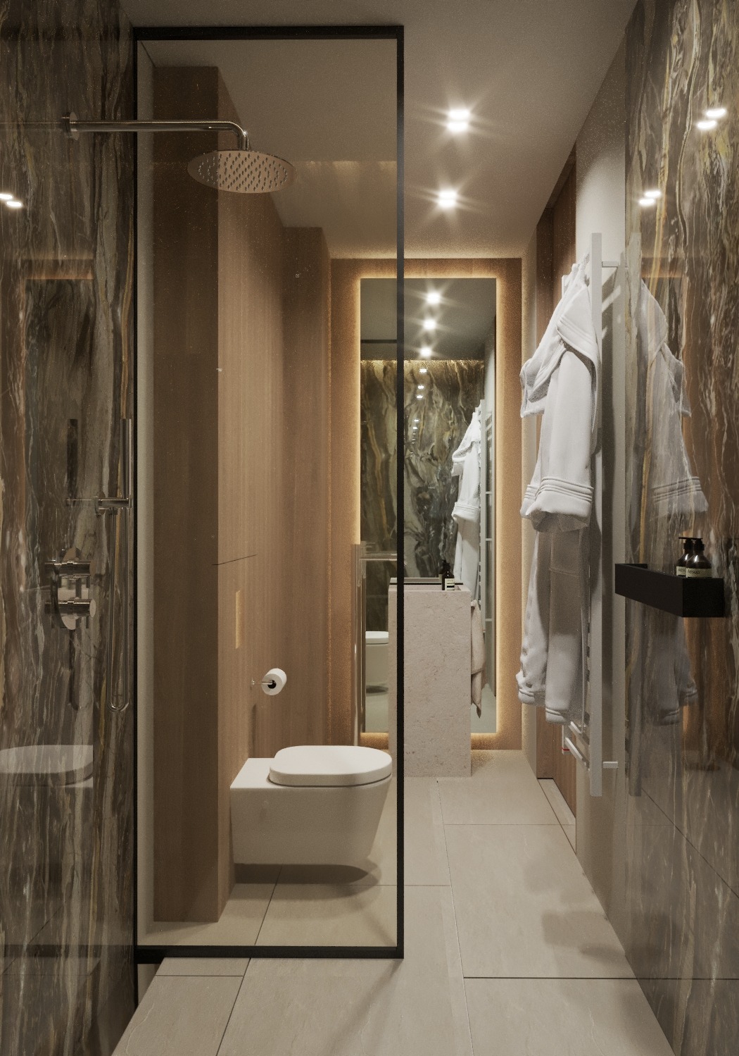 Elegancka łazienka z kabiną prysznicową typu walk-in, marmurowymi ścianami, podświetlanym lustrem i wiszącą toaletą.