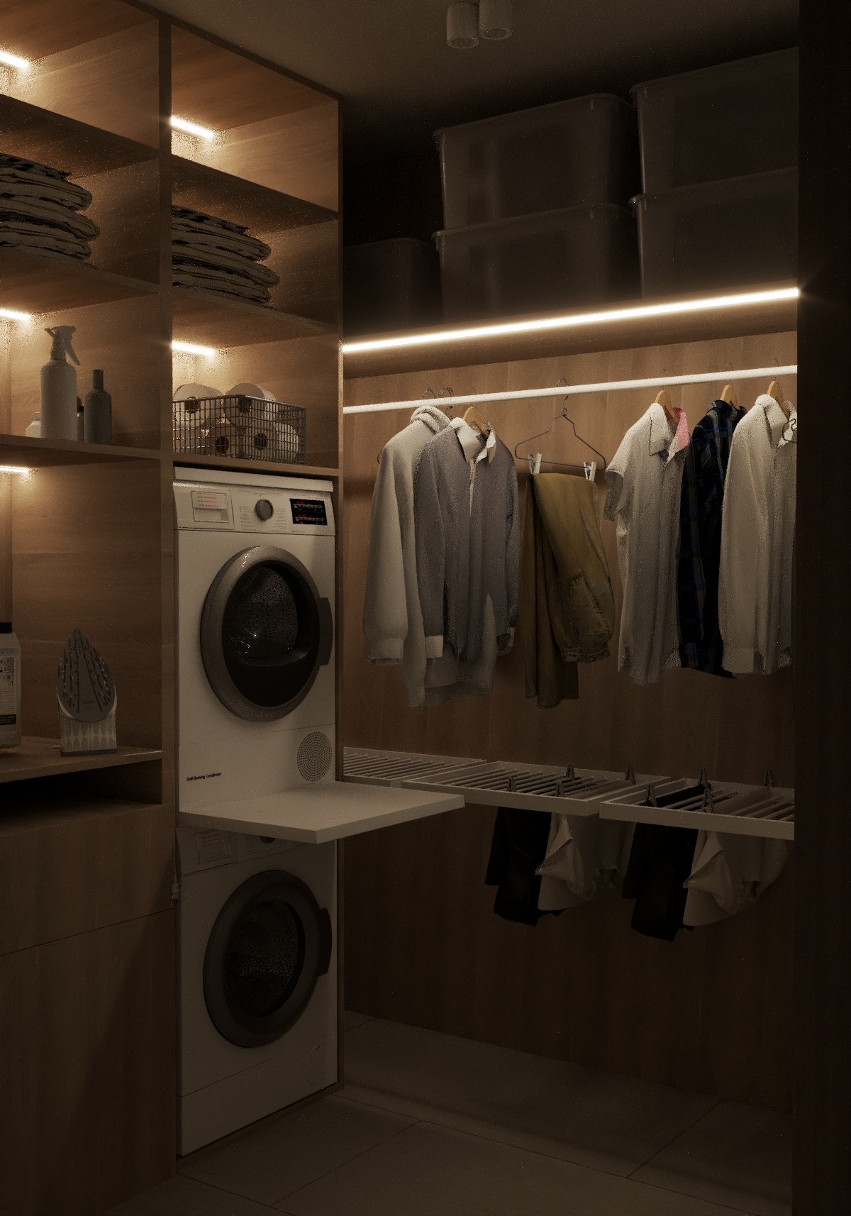 Nowoczesna pralnia w zabudowie z drewnianymi szafkami, pralką i suszarką w kolumnie, półkami na pranie i wieszakami na ubrania, oświetlona listwami LED.