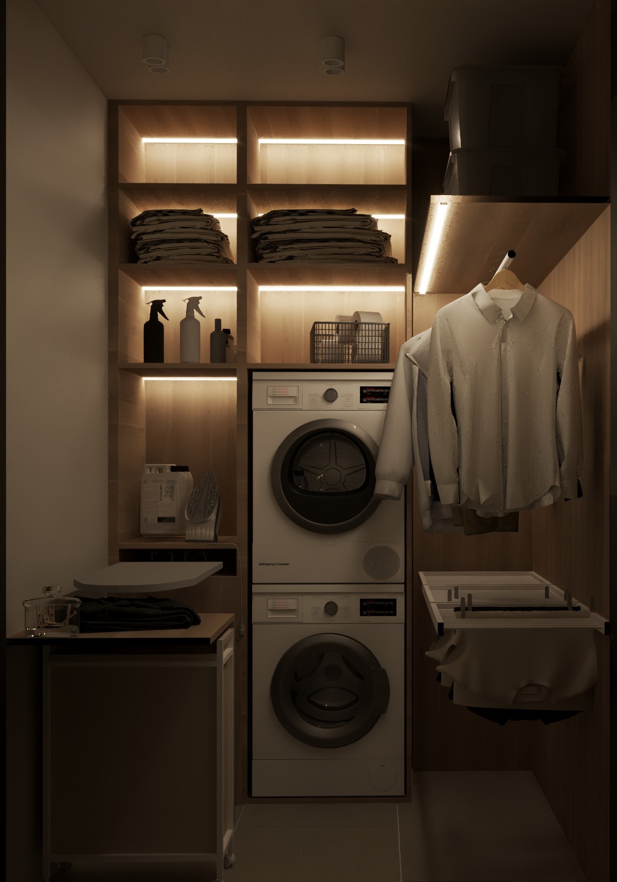 Wnętrze pralni z pralko-suszarką w zabudowie, półki z oświetleniem LED, kosz na bieliznę, deska do prasowania i suszarka na ubrania.