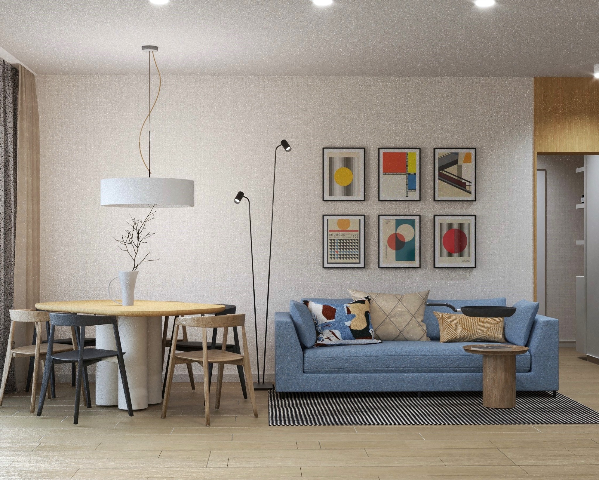 Jasne wnętrze mieszkania z okrągłym stołem jadalnym z ceramicznym wazonem i gałązkami, niebieską sofą z dekoracyjnymi poduszkami i abstrakcyjnymi obrazami na ścianie, oświetlone dwoma lampami...