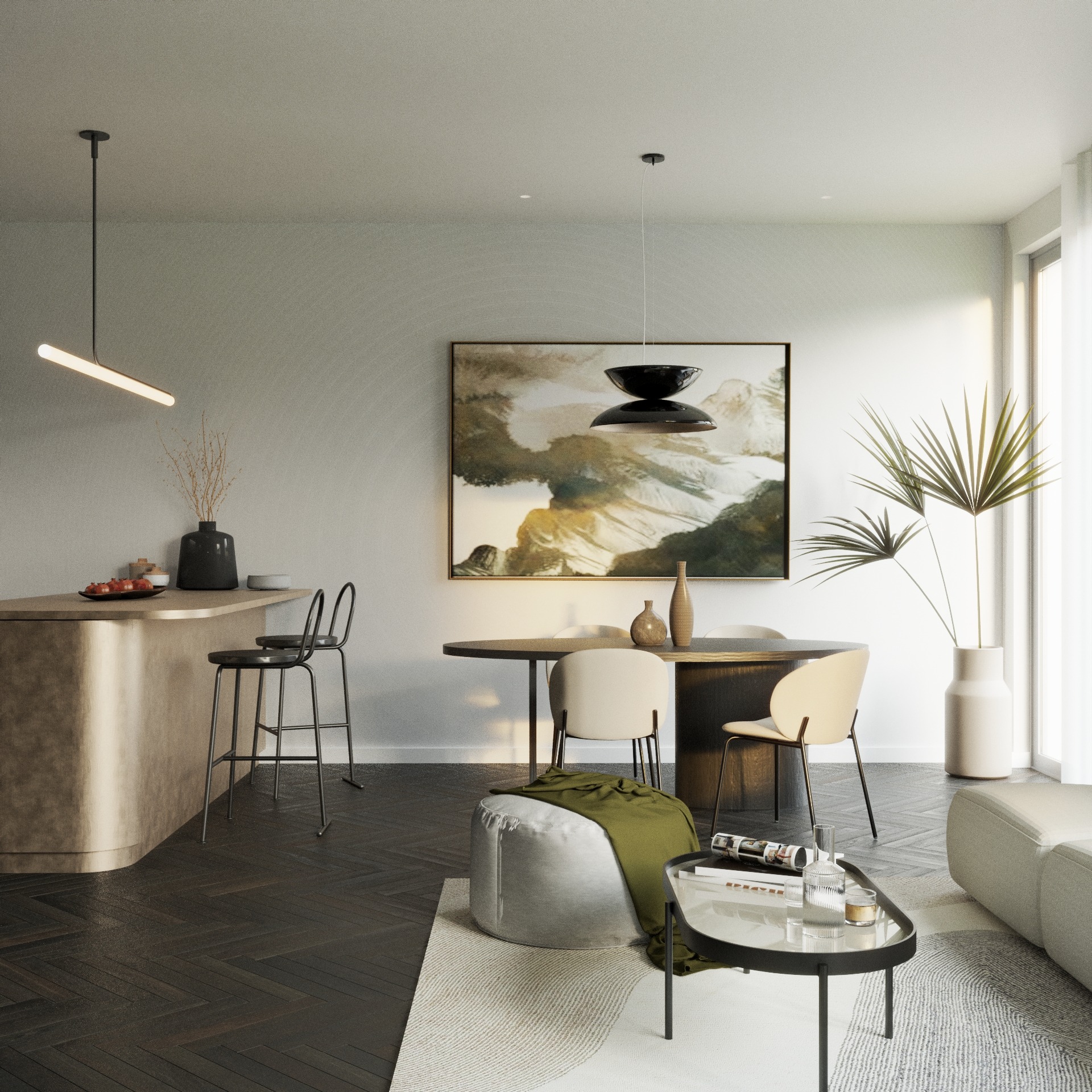Nowoczesne wnętrze: bar z hokerami, okrągły stół z krzesłami, abstrakcyjny obraz, pufa z narzutą i stolik kawowy na dywanie.