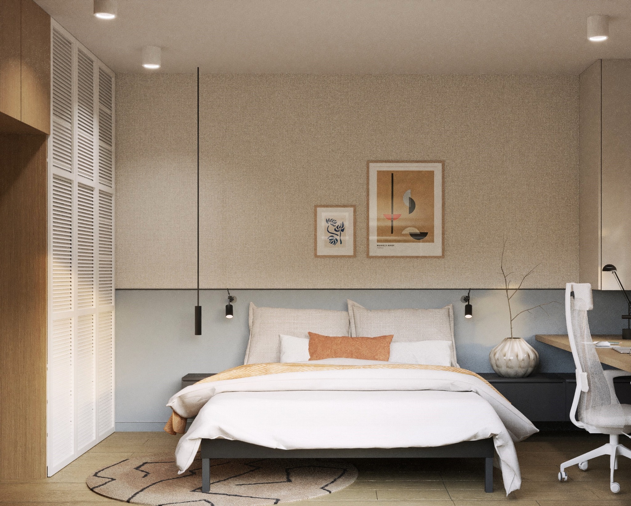 Jasna sypialnia z łóżkiem, biurkiem i szafą w minimalistycznym stylu, oświetlona punktowymi lampami sufitowymi i ściennymi, z dekoracyjnymi obrazami na ścianie.