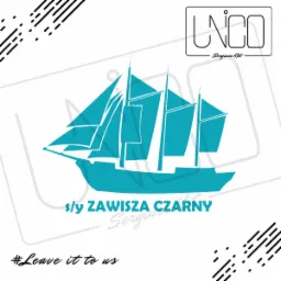 Grafika wektorowa przedstawiająca turkusowy żaglowiec Zawisza Czarny, logo UNICO Sergiusz Kot w prawym górnym rogu, białe tło z czarnymi kreskami w rogach i hasztagiem #Leave it to us.