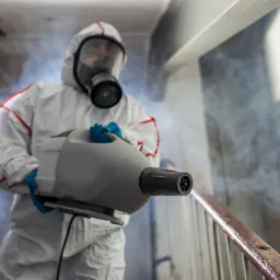 Pracownik w kombinezonie ochronnym i masce rozpyla środek dezynfekujący na schodach, używając przenośnego zamgławiacza.