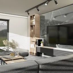 Wizualizacja salonu w domu jednorodzinnym: czarna skórzana sofa, marmurowa ściana z podświetleniem LED, telewizor, drewniany regał i okno z żaluzjami.