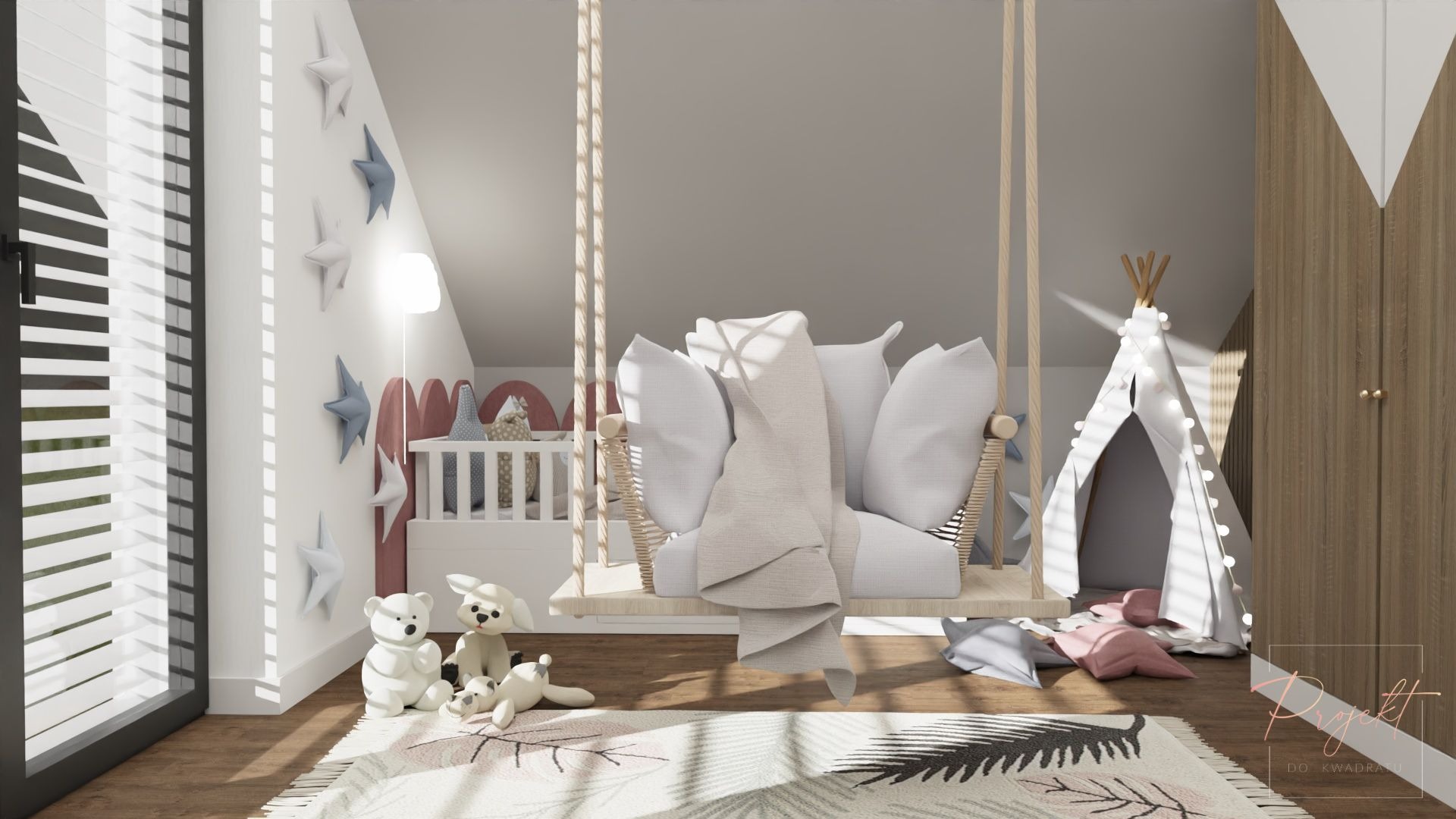 Pokój dziecięcy na poddaszu z huśtawką-hamakiem, tipi z lampkami, łóżeczkiem, pluszakami i dywanem w liście, oświetlony przez żaluzje okienne.