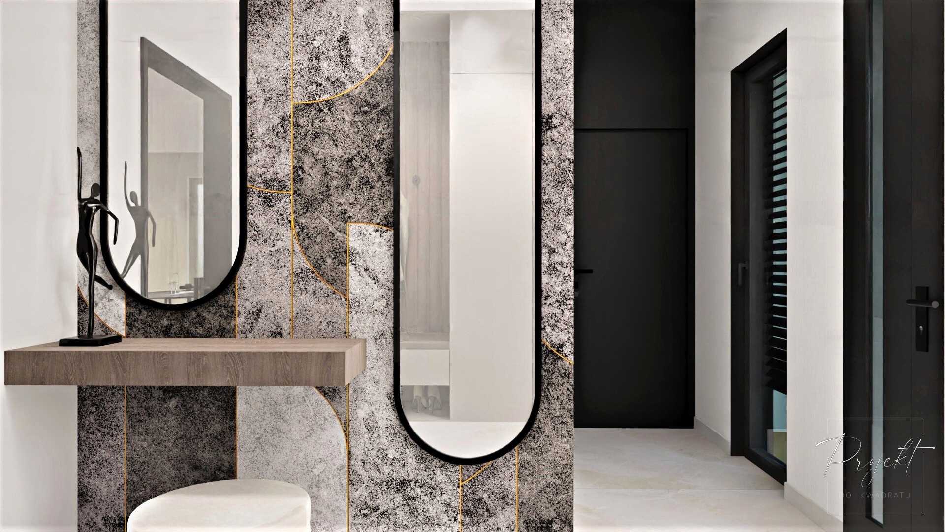 Nowoczesny przedpokój z dwoma lustrami w czarnych ramach na tle ściany z szarego wzorzystego kamienia, drewnianą półką z figurką baletnicy i białym pufem, uzupełniony czarnymi drzwiami i jasną...