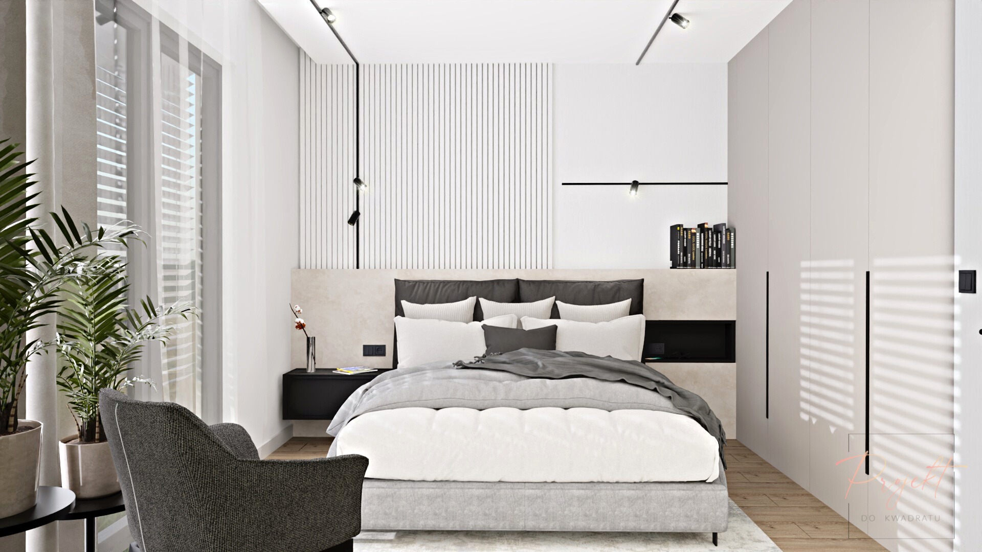 Nowoczesna sypialnia w stonowanych barwach z łóżkiem z szarą ramą, białymi poduszkami i szarym pledem, czarnymi szafkami nocnymi, pionowymi panelami dekoracyjnymi na ścianie za łóżkiem, szarym...