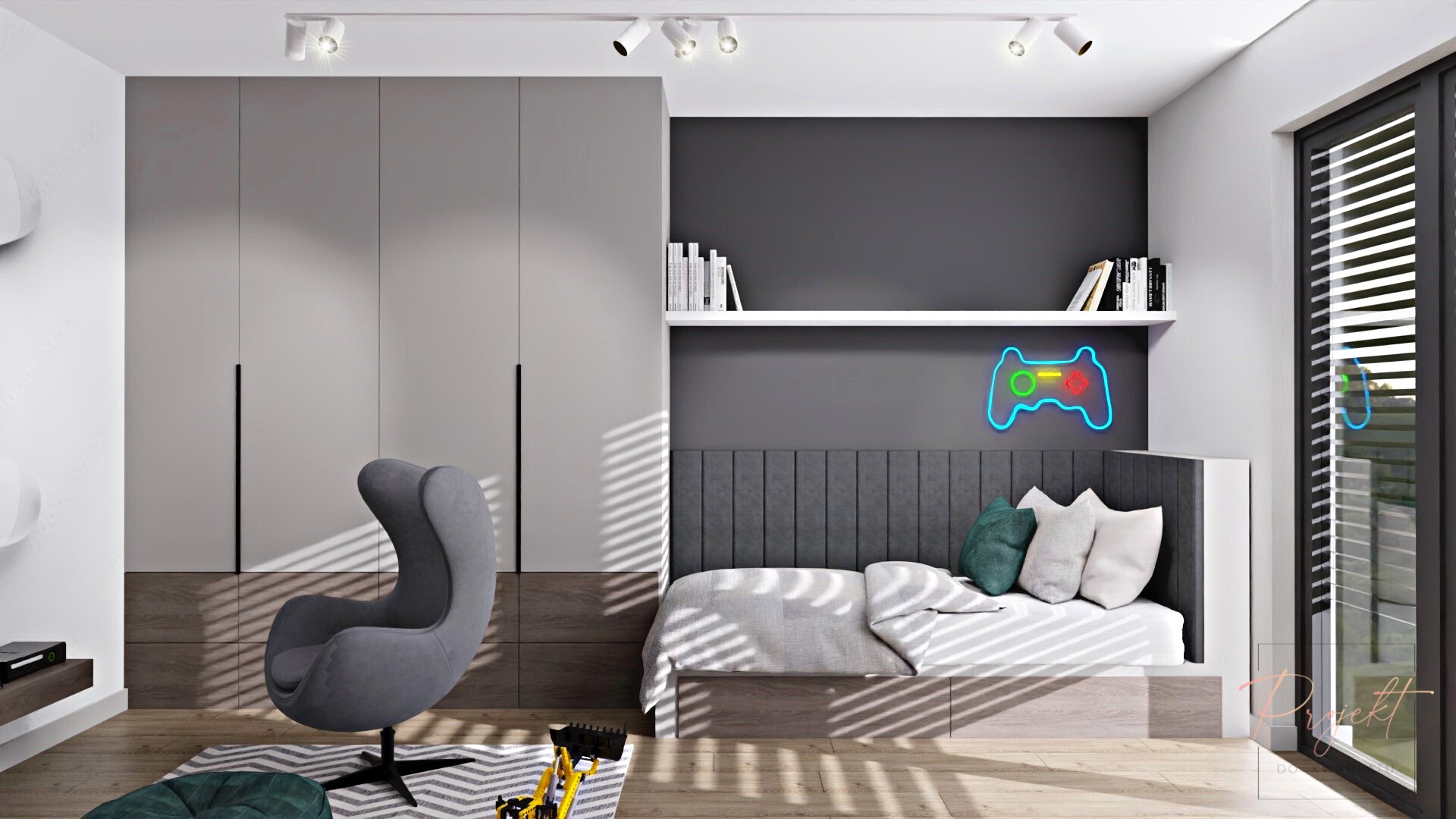 Pokój młodzieżowy z szarą tapicerowaną ścianą za łóżkiem, neonem w kształcie kontrolera do gier, designerskim fotelem obrotowym i szafą z szarymi frontami.