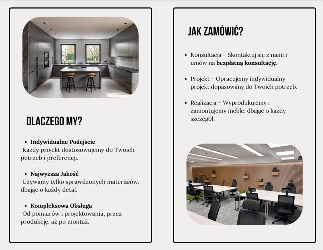 Grafika reklamowa prezentująca nowoczesną kuchnię z szarymi szafkami, wyspą kuchenną i dwoma oknami z widokiem na zieleń, umieszczona obok tekstu 'Dlaczego my?' i 'Jak zamówić?' opisującego proces...