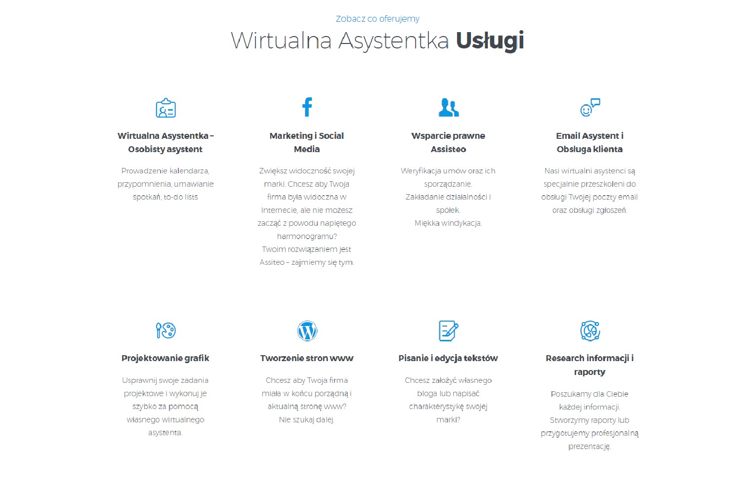 Grafika przedstawiająca ofertę usług wirtualnej asystentki, w tym prowadzenie kalendarza, marketing w mediach społecznościowych, wsparcie prawne, obsługę email, projektowanie grafiki, tworzenie...