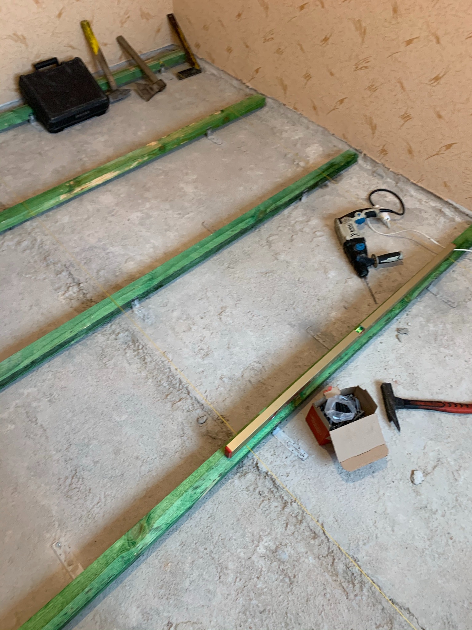 Przygotowanie podłoża pod podłogę: zielone legary ułożone na surowym betonie, poziomica, sznurek traserski, wkrętarka i skrzynka z narzędziami w pomieszczeniu z tapetą.