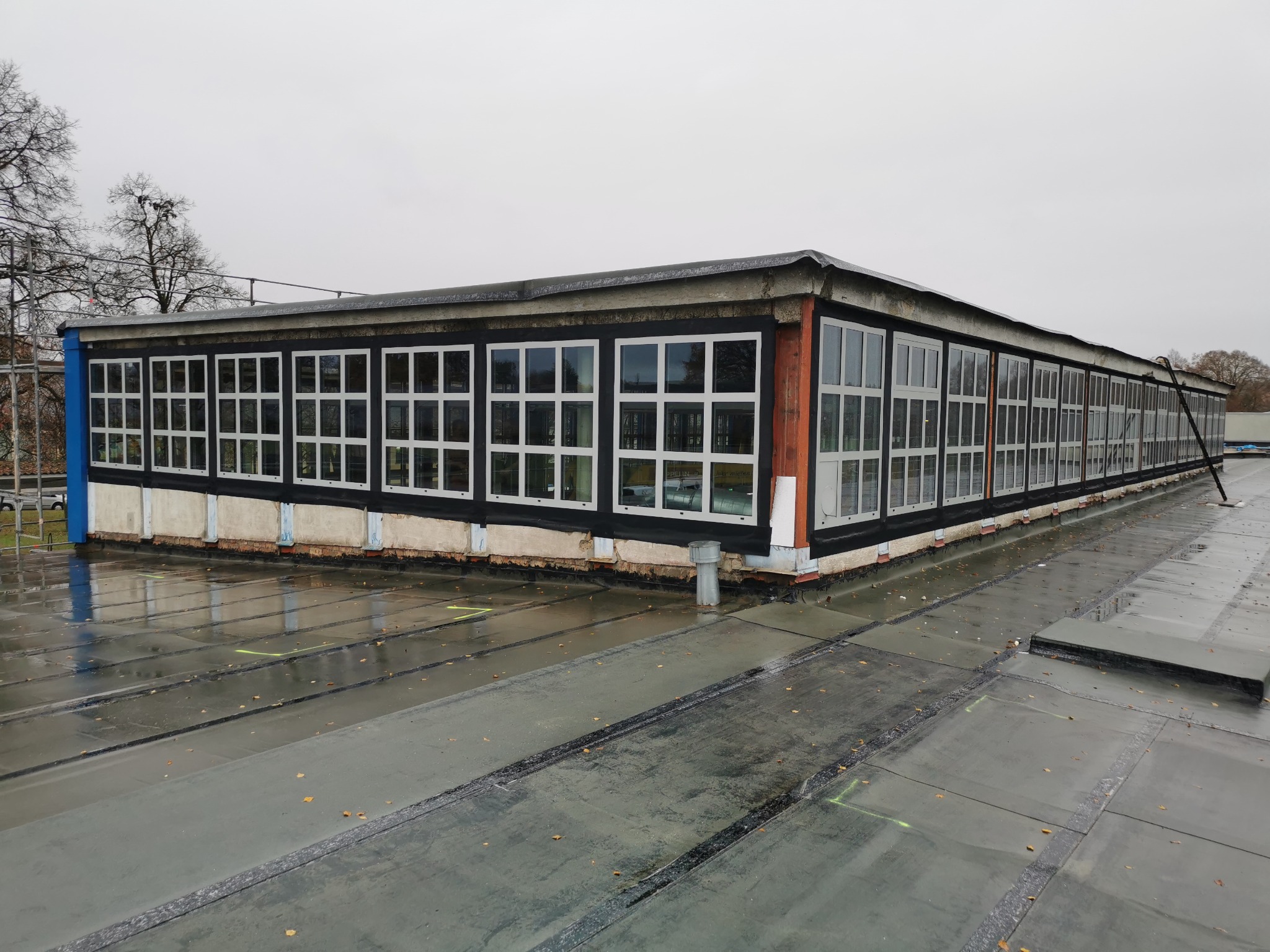 Długi budynek z rzędem okien z białymi ramami, widziany z góry z mokrego dachu pokrytego papą. Na dachu widoczne żółte oznaczenia. Pochmurne niebo w tle.