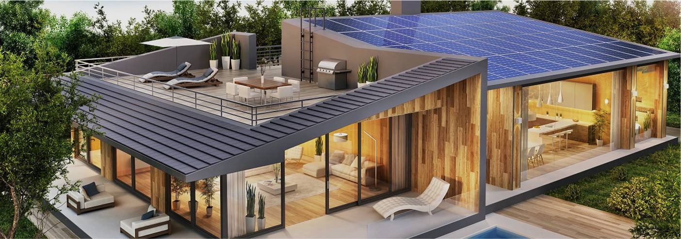 Nowoczesny dom z panelami słonecznymi na dachu, tarasem na dachu z grillem i meblami ogrodowymi oraz basenem.