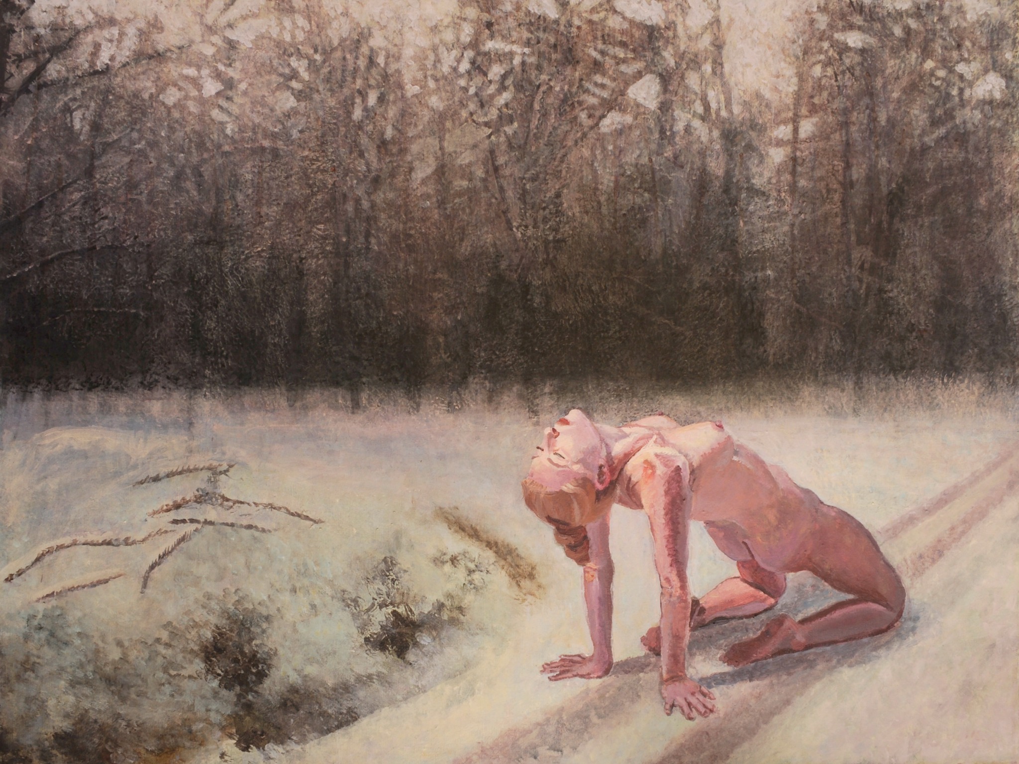 Obraz olejny przedstawiający nagą kobietę w pozycji wygiętej do tyłu na tle zimowego lasu, w stonowanej kolorystyce brązów i bieli.