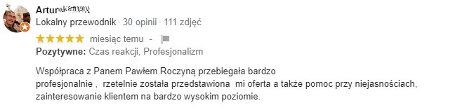 Opinia klienta z Wrocławia z oceną pięciu gwiazdek, podkreślająca profesjonalizm i rzetelność współpracy.