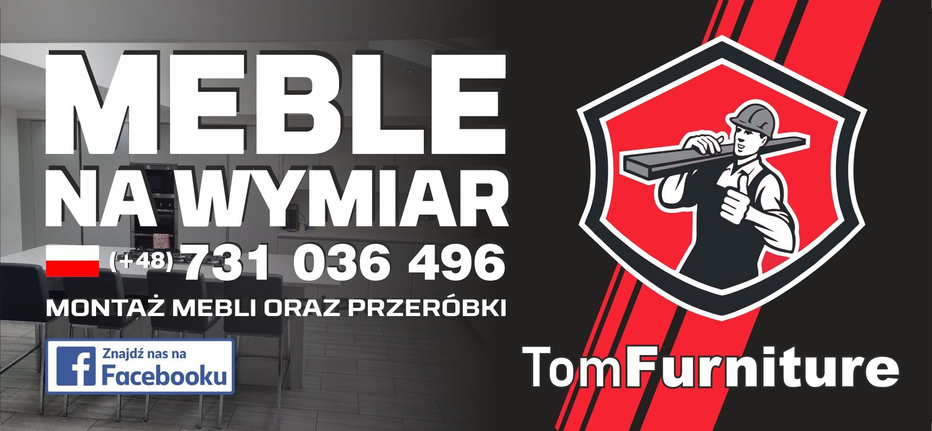 Grafika reklamowa firmy meblarskiej TomFurniture z wizualizacją kuchni, numerem telefonu i logotypem przedstawiającym montera z deską na ramieniu.