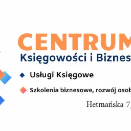 Grafika reklamowa Centrum Księgowości i Biznesu z adresem Hetmańska 7/7 III p., oferującego usługi i szkolenia biznesowe oraz rozwój osobisty, z abstrakcyjnym tłem z kolorowych kwadratów.