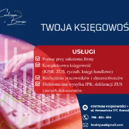 Reklama centrum księgowości: dłoń na klawiaturze laptopa z nałożonym wykresem, obok lista usług, adres i dane kontaktowe.