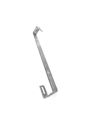 Metalowy uchwyt montażowy w kształcie litery L z otworami, prawdopodobnie do paneli fotowoltaicznych, sfotografowany na białym tle.