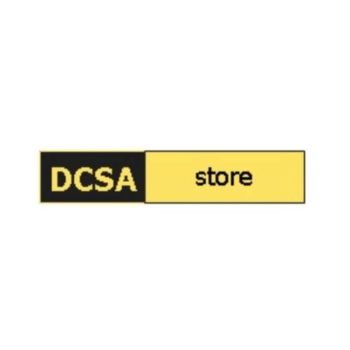 Logo firmy DCSA store z żółto-czarnym prostokątem.