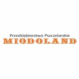 Logo firmy 'Przedsiębiorstwo Pszczelarskie MIODOLAND' z nazwą w pomarańczowo-brązowej czcionce, stylizowanej na plastry miodu.