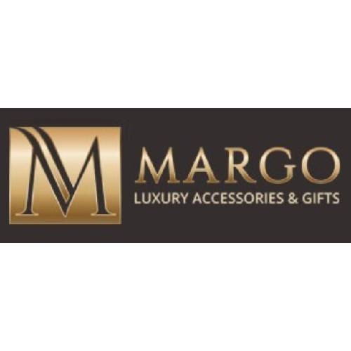 Logo firmy MARGO Luxury Accessories & Gifts z dużą złotą literą M w kwadracie na ciemnym tle.