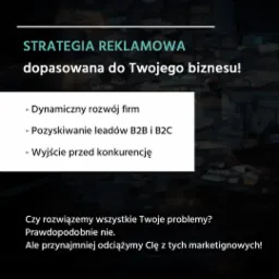 Grafika reklamowa z hasłem 'Strategia reklamowa dopasowana do Twojego biznesu!' oraz punktami dotyczącymi dynamicznego rozwoju firm, pozyskiwania leadów B2B i B2C oraz wyjścia przed konkurencję.