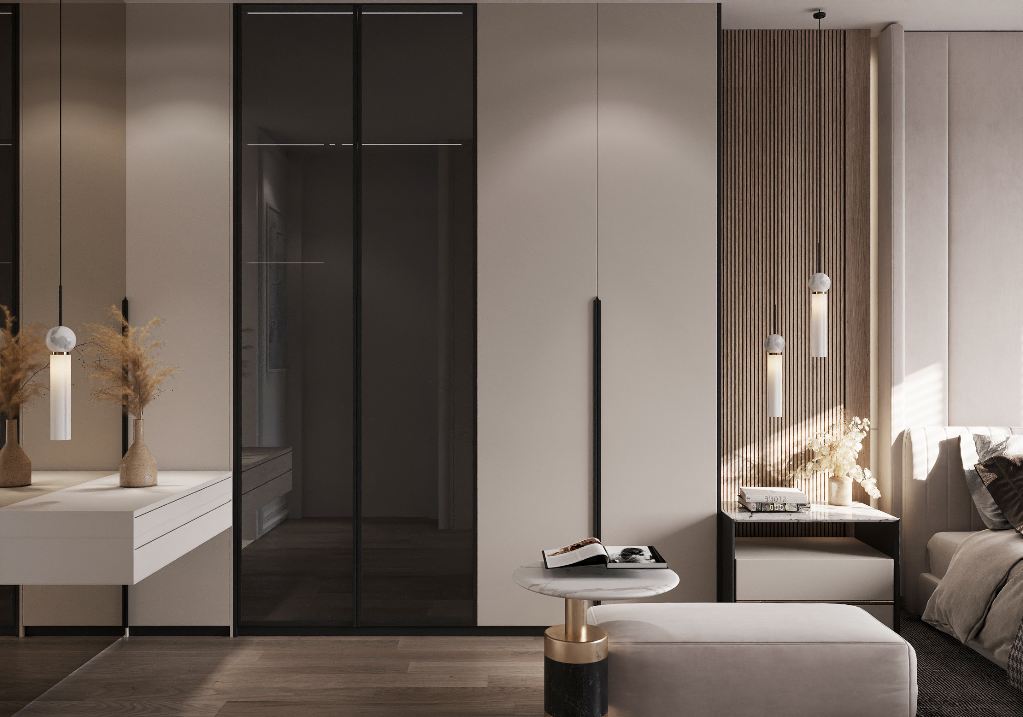 Nowoczesna szafa na wymiar z ciemnymi, przesuwnymi drzwiami, uzupełniona toaletką z dekoracyjnymi wazonami i marmurowym stolikiem nocnym z książką, w eleganckiej sypialni z drewnianymi panelami...
