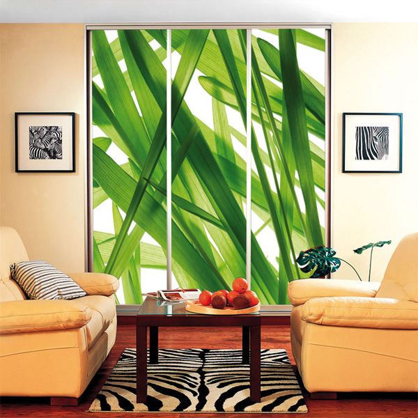 Salon z przesuwnymi drzwiami szafy z grafiką zielonych liści, widoczne dwie sofy, stolik kawowy z owocami i dywan w zebrę.