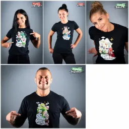 Cztery osoby prezentują czarne koszulki z unikalnymi, kolorowymi grafikami przedstawiającymi lokalne motywy i hasła związane z regionem Zagłębia.