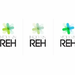 Trzy warianty logo firmy Modern REH z abstrakcyjnym symbolem plusa w odcieniach zieleni i błękitu, umieszczone obok siebie na białym tle.