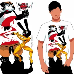 Grafika przedstawiająca groteskową scenę z antropomorficznymi postaciami zwierząt: panda trzymająca tabliczkę z napisem 'Sappari Wakaranai', królik z mieczem, oraz odcięta głowa, umieszczona...